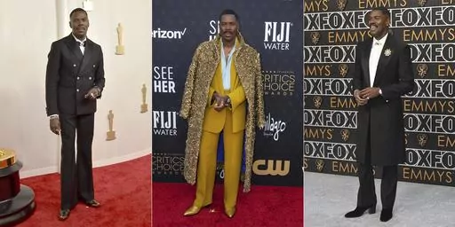 This combination of photos shows actor Colman Domingo wearing a Louis Vuitton double-breasted tuxedo with crystal buttons and gold-tipped cowboy boots at the Oscars in Los Angeles on March 10, 2024, left, Domingo wearing a mustard yellow suit by Valentino Haute Couture at the 29th Critics Choice Awards in Santa Monica, Calif., Jan. 14, center, and a custom black Louis Vuitton tuxedo and man brooches at the Emmys in Los Angeles on Jan. 15. (AP Photo)