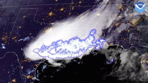 This satellite image provided by the National Oceanic and Atmospheric Administration shows a thunderstorm complex which was found to contain the longest single flash that covered a horizontal distance on record, at around 768 kilometers (477 miles) across parts of the southern United States on April 29, 2020. Two stormy parts of the Americas set records for longest lightning flashes back in 2020, the World Meteorological Organization said Monday, Jan. 31, 2022. (NOAA via AP)