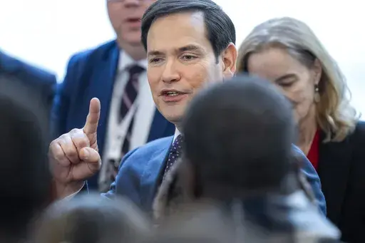 Secretary of State Marco Rubio greets State Department staff during a welcome event at the State Department, Tuesday, Jan. 21, 2025, in Washington. (AP Photo/Jacquelyn Martin)