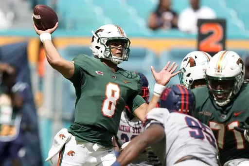Florida A&M quarterback Jeremy Moussa (8) passes the ball during the first half of the Orange Blossom Classic NCAA college football game against Jackson State, Sunday, Sept. 3, 2023, in Miami Gardens, Fla. (AP Photo/Lynne Sladky)