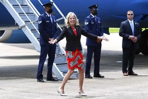 First lady Jill Biden reacts to a question from a reporter at Jackson-Medgar Wiley Evers International Airport, in Pearl, Miss., on June 22, 2021. (Tom Brenner/Pool Photo via AP, File)