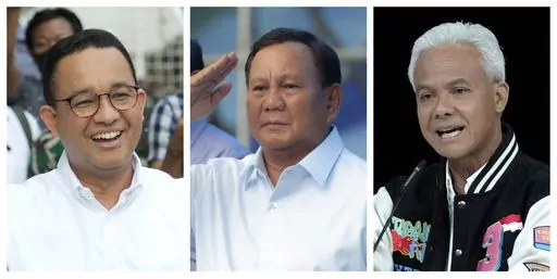 This combo photo shows Indonesian presidential candidates, from left, Anies Baswedan, Prabowo Subianto and Ganjar Pranowo. Indonesians on Wednesday, Feb. 14, 2024 will elect the successor to popular President Joko Widodo, who is serving his second and final term. It is a three-way race for the presidency among current Defense Minister Prabowo Subianto and two former governors, Anies Baswedan and Ganjar Pranowo. (AP Photo, File)