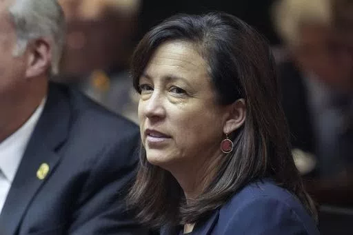 State Rep. Julie McGuire partakes in the first legislative session of the year Monday, Jan. 9, 2023, at the Indiana Statehouse in Indianapolis. The day after his gubernatorial primary victory, U.S. Sen. Mike Braun announced state Rep. Julie McGuire as his pick for lieutenant governor. (Jenna Watson/The Indianapolis Star via AP, File)
