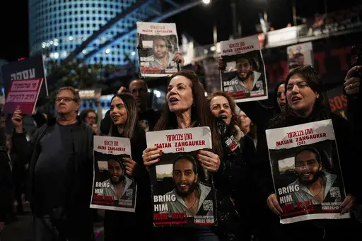 Relatives and supporters of the Israeli hostages held in the Gaza Strip by the Hamas militant group attend a rally calling for their release, in Tel Aviv, Israel, on March 16, 2024. Fears are rising that time is running out for hostages in Gaza that are still alive. Nearly eight months later, there are 43 hostages whose remains are being held by Gaza militants and roughly 80 who have not been declared dead. (AP Photo/Ohad Zwigenberg, File)