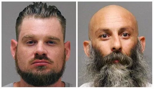 This photo combo of images provided by the Kent County Sheriff and Delaware Department of Justice, respectively, shows Adam Dean Fox, left, and Barry Croft Jr. on April 8, 2022. The men who are accused of crafting a plan to kidnap Michigan Gov. Gretchen Whitmer in 2020 and ignite a national rebellion are facing a second trial with jury selection starting Tuesday, Aug. 9, 2022, months after a jury couldn't reach a verdict on the pair while acquitting two others in the case. (Kent County Sheriff a