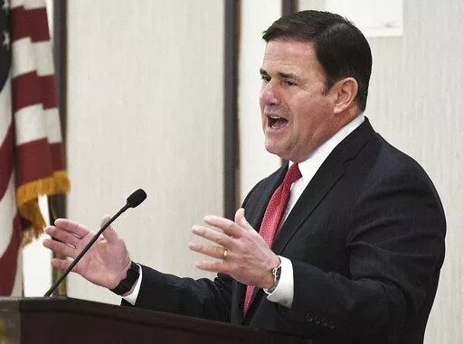 Arizona Gov. Doug Ducey re-delivers his State of the State address in front of a Yuma crowd Thursday, Feb. 17, 2022 inside Pivot Point Conference Center. (Randy Hoeft/The Yuma Sun via AP)