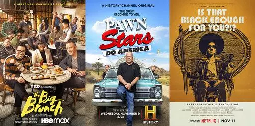 This combination of photos shows promotional art for the cooking competition series "The Big Brunch," left, the series “Pawn Stars Do America," center, and the film "Is That Black Enough for You?" (HBO Max/History/Netflix via AP)