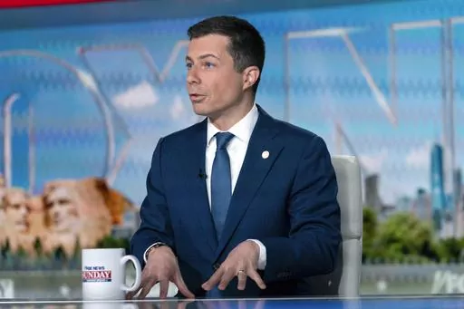 Transportation Secretary Pete Buttigieg speaks during an interview with "Fox News Sunday" anchor Shannon Bream at the Fox News bureau in Washington, Sunday, March 10, 2024. (AP Photo/Jose Luis Magana)