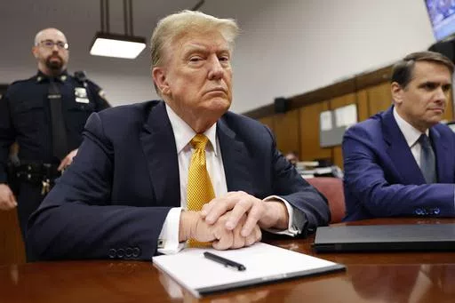 Former President Donald Trump sits in Manhattan Criminal Court on Tuesday, May 21, 2024 in New York. (Michael M. Santiago/Pool Photo via AP)