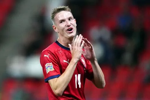 Czech Republic's Jakub Jankto reacts after missing a chance to score during the UEFA Nations League soccer match between Czech Republic and Switzerland at the Sinobo stadium in Prague, Czech Republic, June 2, 2022. Czech Republic midfielder Jakub Jankto posted a video on social media on Monday, Feb. 13, 2023 saying he is gay, making him one of the most high-profile male soccer players to come out. (AP Photo/Petr David Josek, file)