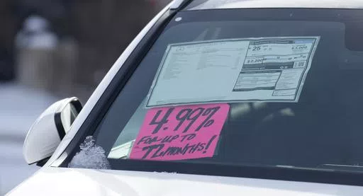 A sign highlighting the financing interest rate is displayed near the price sticker on an unsold 2023 vehicle at a Mercedes-Benz dealer on Nov. 30, 2023, in Loveland, Colo. The Federal Reserve’s decision Wednesday, May 1, 2024 to keep its benchmark rate at a two-decade high should have ripple effects across the economy. Mortgage rates, credit card rates, and auto loan rates will all likely maintain their highs, with consequences for consumer spending. (AP Photo/David Zalubowski, file)