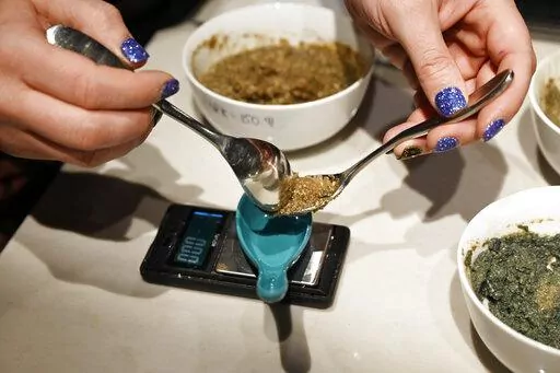 Rabbi Ben Gorelick, measures out a precise amount Sacrament, psilocybin mushrooms, during Sacred Tribe Sacrament ceremony at the Synagogue, his home, on Nov. 6, 2021, in Denver. Colorado voters are deciding whether theirs will be the second state, after Oregon, to decriminalize psychedelic mushrooms for those 21 and older. A ballot measure would create state-regulated "healing centers" for patients to experience the drug. (Andy Cross/The Denver Post via AP, File)