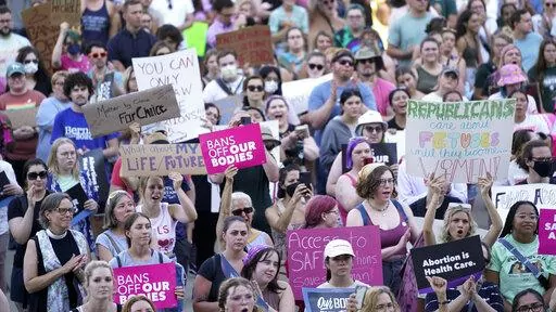 In this Friday, June 24, 2022, file photo, abortion rights protesters cheer at a rally following the United States Supreme Court's decision to overturn Roe v. Wade, federally protected right to abortion, outside the state capitol in Lansing, Mich. The Michigan Court of Appeals ruled Monday, Aug. 1, 2022, that county prosecutors can enforce the state's 91-year-old abortion ban, paving the way for abortion to become illegal in parts of the state. (AP Photo/Paul Sancya, File)