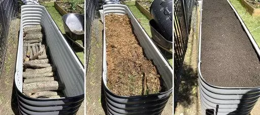 This combination of images provided by Adrianna Birnbaum show a base layer of logs used in creating a raised Hugulkultur bed, from left, a layer of garden debris and twigs used in creating a raised Hugulkultur bed and a completed raised Hugulkultur bed. (Adrianna Birnbaum/rootedheartgarden.com via AP)