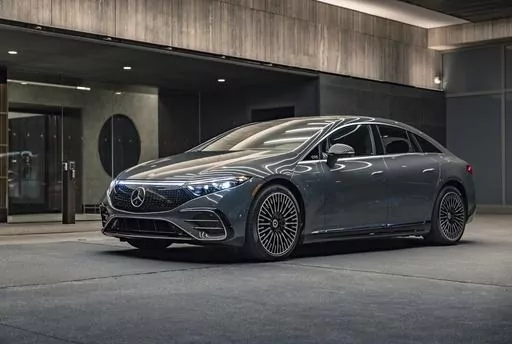 This photo provided by Mercedes-Benz shows the 2023 EQS Sedan, a large electric luxury vehicle with an EPA-estimated range of up to 350 miles. (Courtesy of Mercedes-Benz USA via AP)