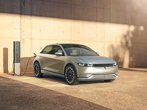 This photo provided by Hyundai shows the 2022 Hyundai Ioniq 5, a compact SUV with retro-inspired styling and has an EPA-estimated range of up to 303 miles. (Courtesy of Hyundai Motor America via AP)