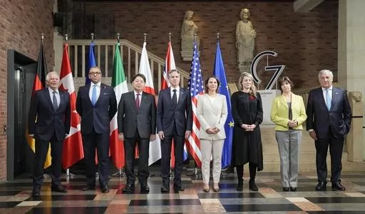 The Foreign Ministers, from left, Josep Borell of the EU, James Cleverly of Britain, Yoshimasa Hayashi of Japan, Antony Blinken of the U.S., Annalena Baerbock of Germany, Melanie Joly of Canada, Catherine Colonna of France, and Antonio Tajani of Italy, pose for a Family Photo at the G7 Foreign Ministers's Meeting in Muenster, Germany, Oct. 3, 2022. The top diplomats from some of the world's most powerful democracies will have plenty to discuss when they gather in the hot spring resort town of Ka