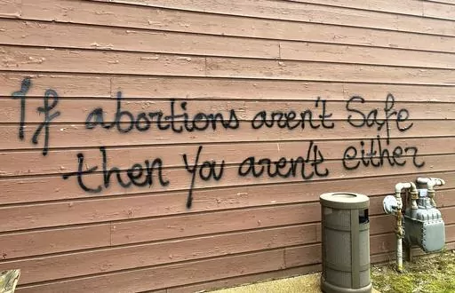 Threatening graffiti is seen on the exterior of Wisconsin Family Action offices in Madison, Wis., May 8, 2022. Investigators on Tuesday, March 28, 2023, finally captured the man they believe firebombed the prominent Wisconsin anti-abortion lobbying group's office last year ahead of the U.S. Supreme Court's decision to overturn its landmark Roe v. Wade ruling. The U.S. attorney's office in Madison announced that police arrested 29-year-old Hridindu Sankar Roychowdhury at Boston's Logan Internatio