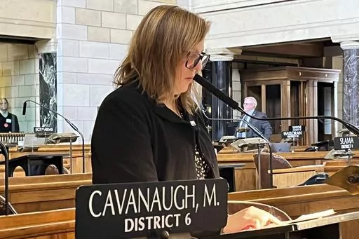 State Sen. Machaela Cavanaugh speaks before the Nebraska Legislature on March 13, 2023, at the Nebraska State Capital in Lincoln, Neb. Cavanaugh had followed through on her vow in late February to filibuster every bill before the Legislature — even those she supported — before reaching an agreement to debate a bill that would ban gender-affirming treatment for minors in Nebraska. (AP Photo/Margery Beck, File)