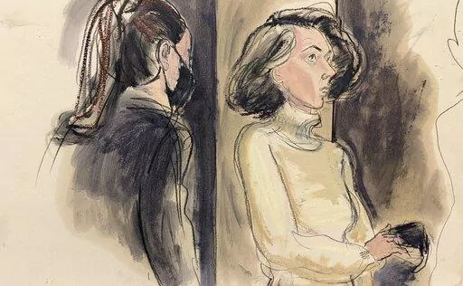 In this courtroom sketch, Ghislaine Maxwell, right, sits with her mask off during a break in her sex trafficking trial, Monday, Dec. 20, 2021, in New York. (Elizabeth Williams via AP, File)