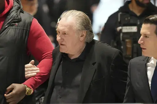 Actor Gerard Depardieu arrives at his trial for the alleged sexual assaults of two women on a film set in 2021, Thursday, March 27, 2025 in Paris. (AP Photo/Aurelien Morissard)