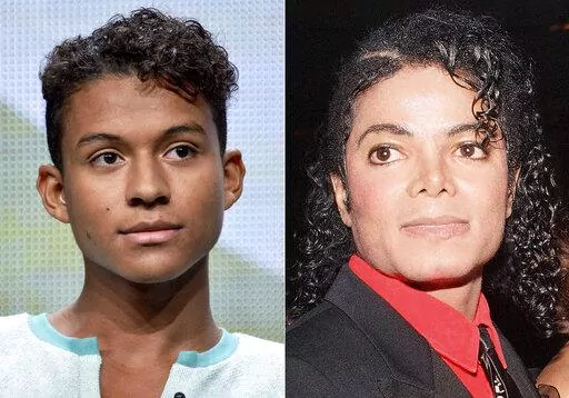 Jaafar Jackson appears during the "Living with The Jacksons" panel at the Reelz Channel 2014 Summer TCA in Beverly Hills, Calif., on July 12, 2014, left, and Michael Jackson appears at the American Cinema Award gala in Beverly Hills, Calif., on Jan. 9, 1987. Michael Jackson's 26-year-old nephew, Jaafar, will play the King of Pop in a planned biopic to be directed by Antoine Fuqua. (AP Photo)