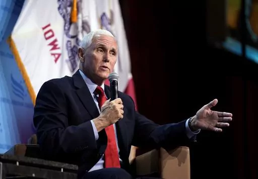 Republican presidential candidate and former Vice President Mike Pence speaks at the Iowa Faith & Freedom Coalition's fall banquet, Saturday, Sept. 16, 2023, in Des Moines, Iowa. (AP Photo/Bryon Houlgrave, File)