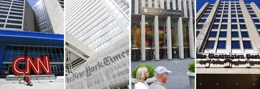 Exterior images, from left, appear of CNN headquarters on Aug. 26, 2014, in Atlanta, the New York Times building on June 22, 2019, in New York, News Corporation headquarters with Fox News studios on July 31, 2021, in New York and The One Franklin Square Building, home of The Washington Post, on Feb. 8, 2019, in downtown Washington. The metrics are ugly for many television, digital and print news organizations: after record-setting engagement numbers in 2020, many people are cutting back on news 