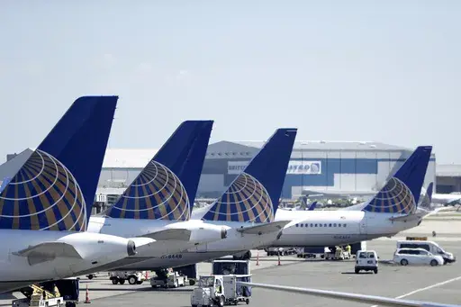 United Airlines jets sit at a gate at Terminal C of Newark Liberty International Airport in Newark, N.J., July 18, 2018. (AP Photo/Julio Cortez, File)