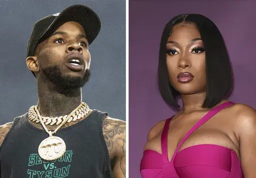 This combo image shows Tory Lanez performing at the Festival d'ete de Quebec, July 11, 2018, in Quebec City, Canada, left, and Megan Thee Stallion at the premiere of "P-Valley," June 2, 2022, in Los Angeles. (Photos by Amy Harris, left, Richard Shotwell/Invision/AP, File)