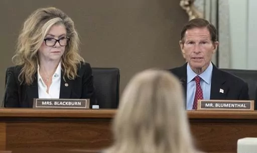 Sen. Marsha Blackburn, R-Tenn., left, and Sen. Richard Blumenthal, D-Conn., right speak during a hearing, Oct. 5, 2021, in Washington. The two U.S. senators are asking TikTok to explain what they called “misleading or inaccurate” statements about how it stores and provides access to U.S. user data. In a letter sent Tuesday, June 6, 2023 to TikTok CEO Shou Zi Chew, U.S. Sens Richard Blumenthal and Marsha Blackburn cited recent news reports from Forbes and The New York Times that raised questi