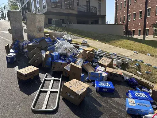 CORRECTS STATE TO MISS. NOT MASS. This image provided by the Oxford Police Department shows a street closed due to an 18 wheeler losing part of its load, Wednesday, Aug. 21, 2024 in Oxford, Miss. (Oxford Police Department via AP)