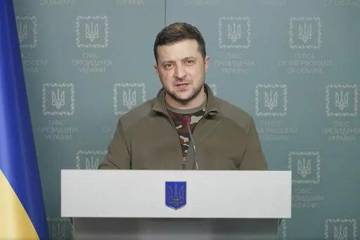 In this image from video provided by the Ukrainian Presidential Press Office, Ukrainian President Volodymyr Zelenskyy speaks in Kyiv, Ukraine, March 6, 2022. (Ukrainian Presidential Press Office via AP, File)