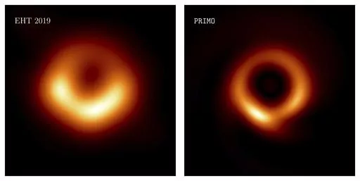 This combination of images provided by researcher Lia Medeiros shows images of the M87 black hole released in 2019, left, and an updated one for 2023. The new version, published Thursday, April 13, 2023, in the Astrophysical Journal Letters — keeps the original shape, but with a skinnier ring and a sharper resolution. Even with many telescopes working together, gaps remained in the data. In the latest study, scientists relied on the same data and used machine learning to fill in the missing pi