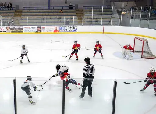 Players on the Minneapolis, wearing white and black uniforms, and Orono, wearing red uniforms, teams compete in a 10-and-under youth hockey game Feb. 4, 2024, in Minneapolis. While Canada has seen a steep decline in children playing hockey in the sport's birthplace, the United States has experienced steady growth in that department over the past decade. (AP Photo/Abbie Parr, File)