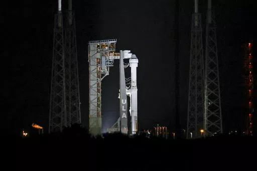 Boeing's Starliner capsule atop an Atlas V rocket is seen at Space Launch Complex 41 after the launch attempt was scrubbed at the Cape Canaveral Space Force Station, late Monday, May 6, 2024, in Cape Canaveral, Fla. (AP Photo/Terry Renna)