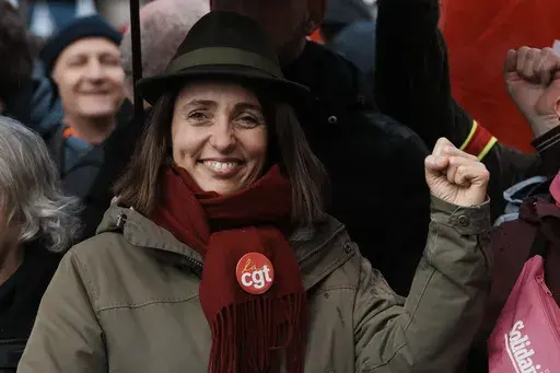 Newly elected CGT union secretary general Sophie Binet attends a demonstration on April 13, 2023 in Paris. In an interview Thursday July 11, 2024 with France Inter broadcaster, Binet has called for massive protests against what she says is President Emmanuel Macron's denial of legislative elections results that produced no outright majority in the National Assembly, France's lower house of parliament. (AP Photo/Thibault Camus, File)