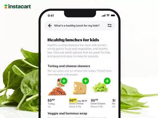 This illustration released by Instacart depicts the grocery delivery company's app which can integrate ChatGPT to answer customers' food questions. (Instacart, Inc. via AP)