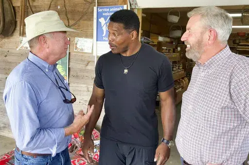 Republicans U.S. Senate candidate Herschel Walker, center, talks with Georgia state Sen. Butch Miller, left, and former state Rep. Terry Rogers as Walker campaigns on July 21, 2022, in Alto, Ga. Democratic incumbent Sen. Raphael Warnock has committed to three debates with Walker, but Walker has now chosen a separate, fourth debate before the November election. (AP Photo/Bill Barrow, File)