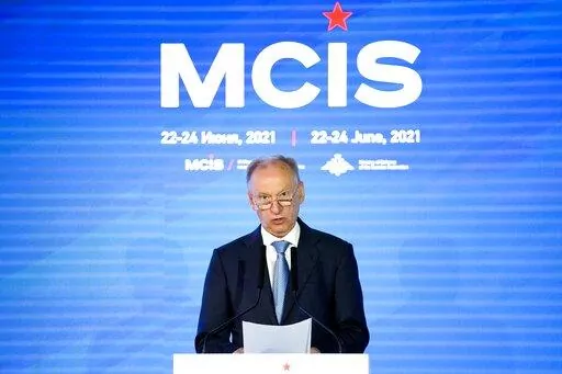 Russia's security council secretary Nikolai Patrushev delivers his speech at the IX Moscow conference on international security in Moscow, Russia, on June 24, 2021. With all eyes on a possible Russia invasion of Ukraine, Russian President Vladimir Putin is sending his top security envoy to the Balkans where Moscow has been trying to maintain influence mainly through its ally Serbia. Serbia’s pro-government media said Monday Nikolai Patrushev, the powerful secretary of the Kremlin’s Security 