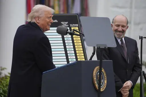President Donald Trump speaks during an event to announce new tariffs in the Rose Garden of the White House, Wednesday, April 2, 2025, in Washington, as Commerce Secretary Howard Lutnick listens. (AP Photo/Evan Vucci)