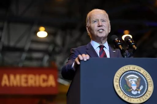President Joe Biden speaks at a shipyard in Philadelphia, Thursday, July 20, 2023. Biden is visiting the shipyard to push for a strong role for unions in tech and clean energy jobs. (AP Photo/Susan Walsh)
