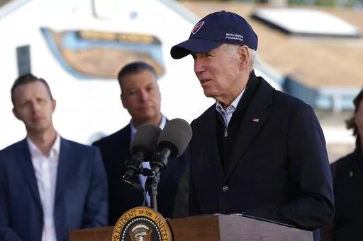 President Joe Biden speaks at Seacliff State Park in Aptos, Calif., Thursday, Jan 19, 2023, after seeing storm damage caused by the recent storms. (AP Photo/Susan Walsh)