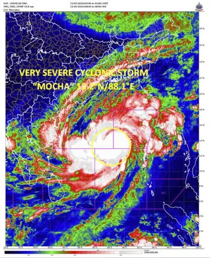 This satellite image provided by India Meteorological Department shows storm Mocha intensify into a very severe cyclonic storm. Authorities in Bangladesh and Myanmar prepared to evacuate hundreds of thousands of people Friday, warning them to stay away from coastal areas as a severe cyclonic storm churned in the Bay of Bengal. The storm is expected to roar in on Sunday with a wind speed of up to 160 kilometers per hour (100 miles per hour), gusting to 175 kph (110 mph) between Cox’s Bazar in B