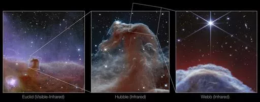 This image shows three views of the Horsehead Nebula. Image left, released in November 2023, features the Horsehead Nebula as seen in visible light by ESA’s Euclid telescope, which has contributions from NASA. The second image, middle, shows a view of the Horsehead Nebula in near-infrared light from NASA’s Hubble Space Telescope in 2013. The third image, right, features a new view of the Horsehead Nebula from NASA’s James Webb Space Telescope’s NIRCam (Near-Infrared Camera) instrument. (