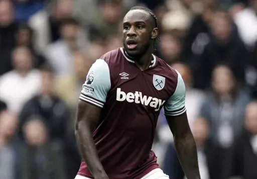 West Ham's Michail Antonio runs into position during their English Premier League soccer match against Tottenham Hotspur, at the Tottenham Hotspur Stadium in London, Saturday, Oct 19, 2024. (AP Photo/Dave Shopland, file)