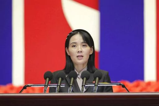 This photo provided on Aug. 14, 2022, by the North Korean government, Kim Yo Jong, sister of North Korean leader Kim Jong Un, delivers a speech during the national meeting against the coronavirus, in Pyongyang, North Korea, on Wednesday, Aug. 10, 2022. In a Friday, Aug. 19, 2022, commentary published by local media, Kim says her country will never accept South Korean President Yoon Suk Yeol’s “foolish” offer of economic benefits in exchange for denuclearization steps, accusing Seoul of rec