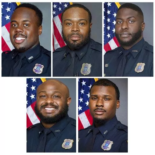 This combo of images provided by the Memphis Police Department shows, from top row from left, officers Tadarrius Bean, Demetrius Haley, Emmitt Martin III, bottom row, from left, Desmond Mills, Jr. and Justin Smith. The five former Memphis police officers have been charged with second-degree murder and other crimes in the arrest and death of Tyre Nichols, a Black motorist who died three days after a confrontation with the officers during a traffic stop, records showed Thursday, Jan. 26, 2023. (Me