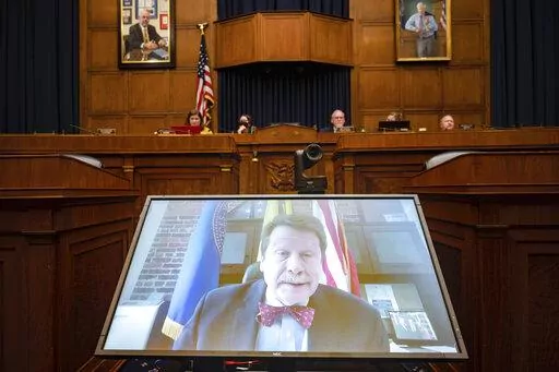 Food and Drug Administration Commissioner Robert Califf testifies via video during a House Commerce Oversight and Investigations subcommittee hybrid hearing on the nationwide baby formula shortage on Wednesday, May 25, 2022, in Washington. (AP Photo/Kevin Wolf)