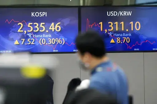 A currency trader walks by screens showing the Korea Composite Stock Price Index (KOSPI), left, and the foreign exchange rate between U.S. dollar and South Korean won at a foreign exchange dealing room in Seoul, South Korea, Tuesday, Aug. 16, 2022. Asian shares mostly rose Tuesday after a rebound on Wall Street, despite regional investor risks reflected in negative economic data out of China. The benchmark in Tokyo was little changed, erasing earlier gains, but indexes in South Korea, Australia 